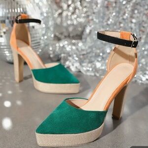 Multi color platform high heels, pointed toe chunky heels.